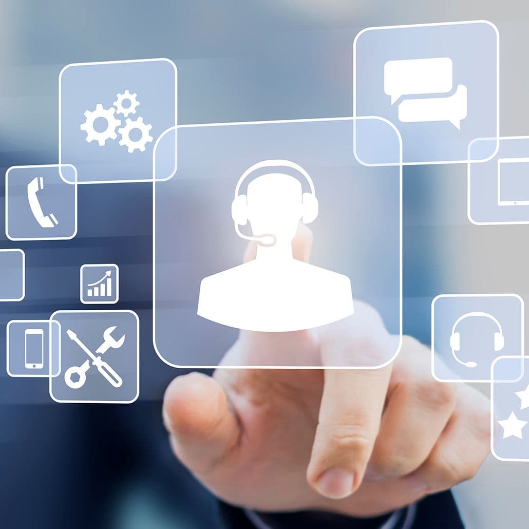 A hand selecting a customer support icon from a set of digital symbols, representing efficient digital platforms