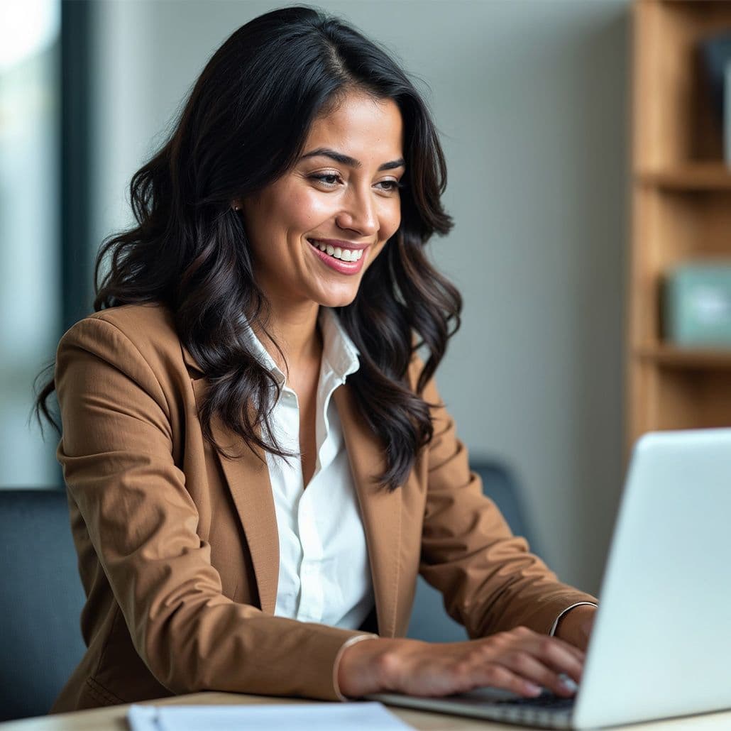 Smiling professional woman working on laptop, representing credit card portfolio management
